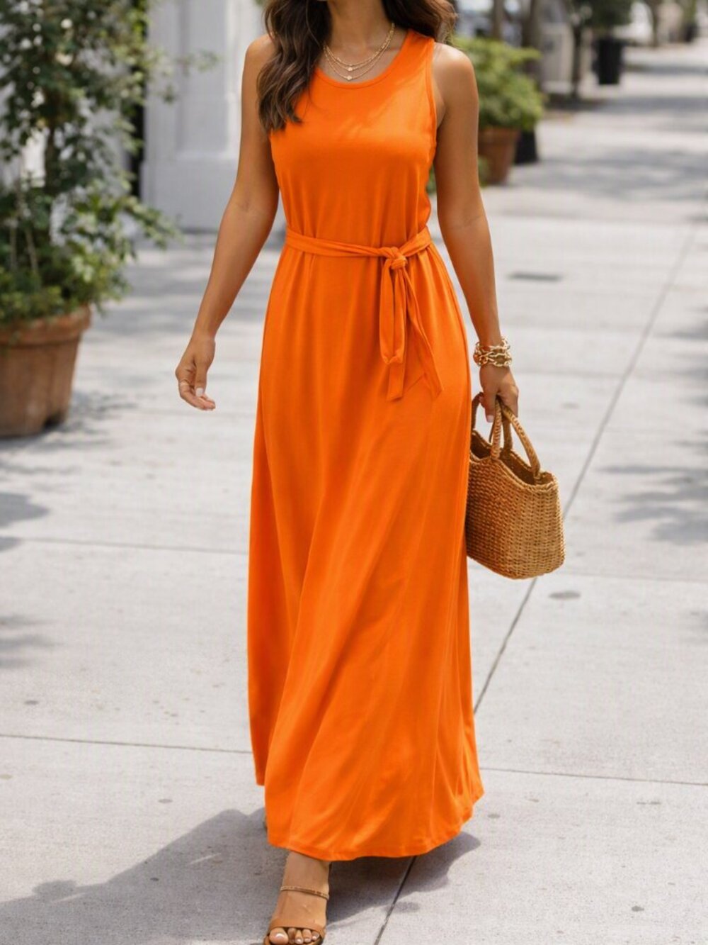 Banana Republic Sleeveless Orange Tie-Waist Maxi Dress